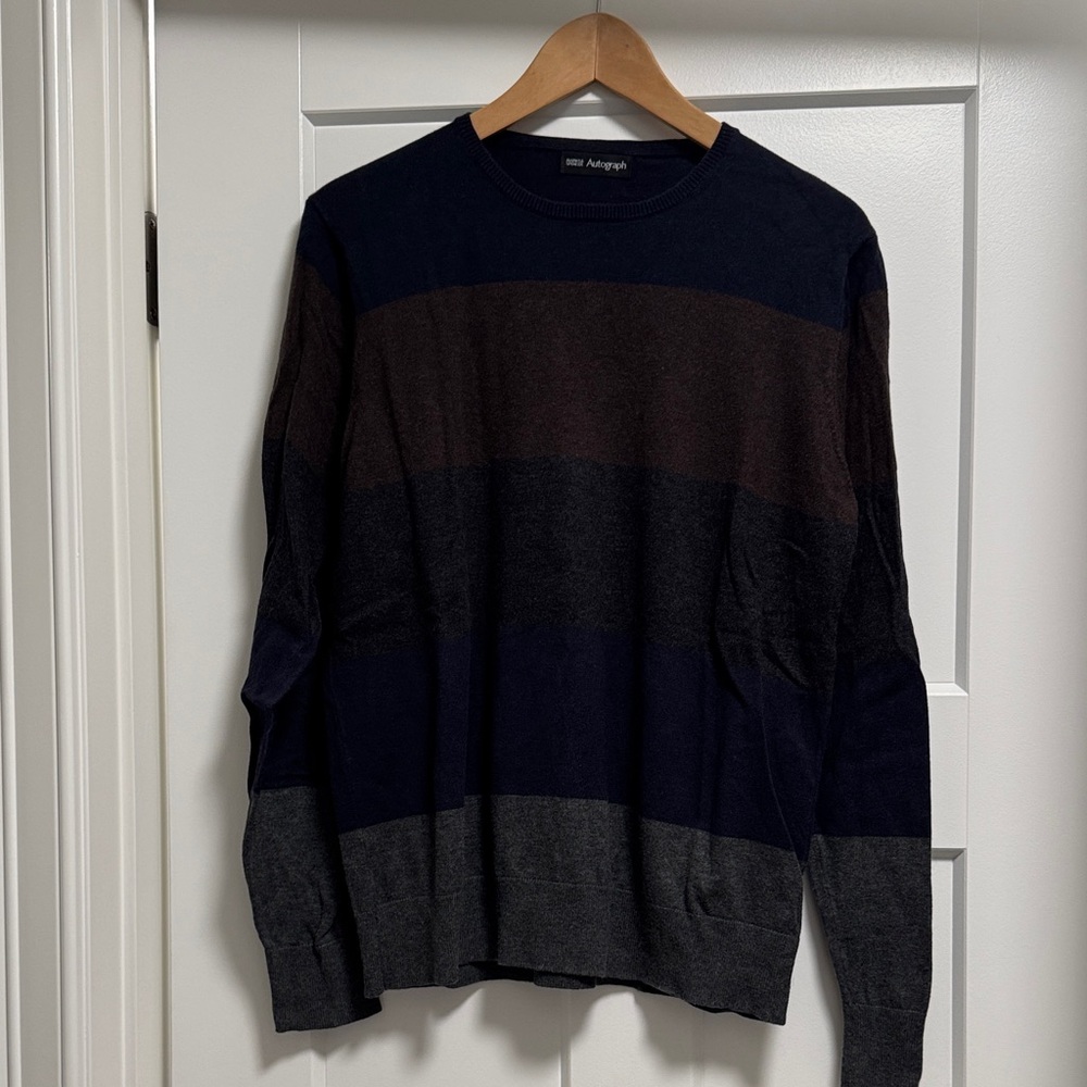 Marks & Spencer Vintage Men's Sweater in Navy, Brown, and Gray